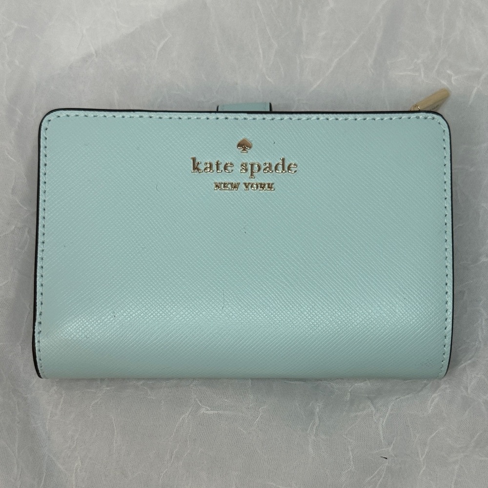 kate spade minty blue leather zip and snap wallet